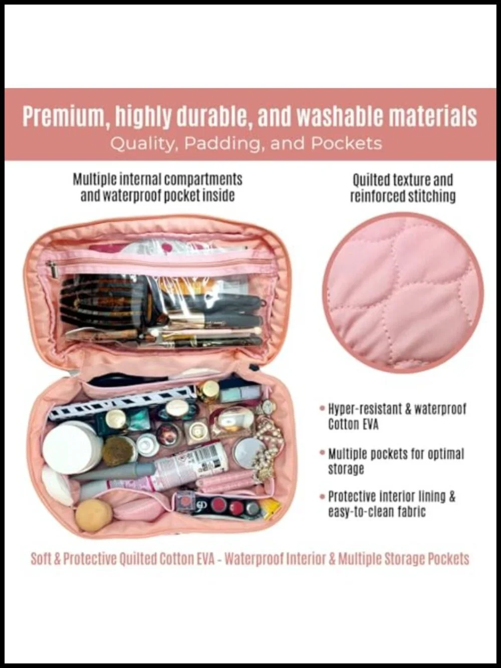 Extra Large Quilted Cotton EVA Makeup Bag Set with Toiletry Organizer